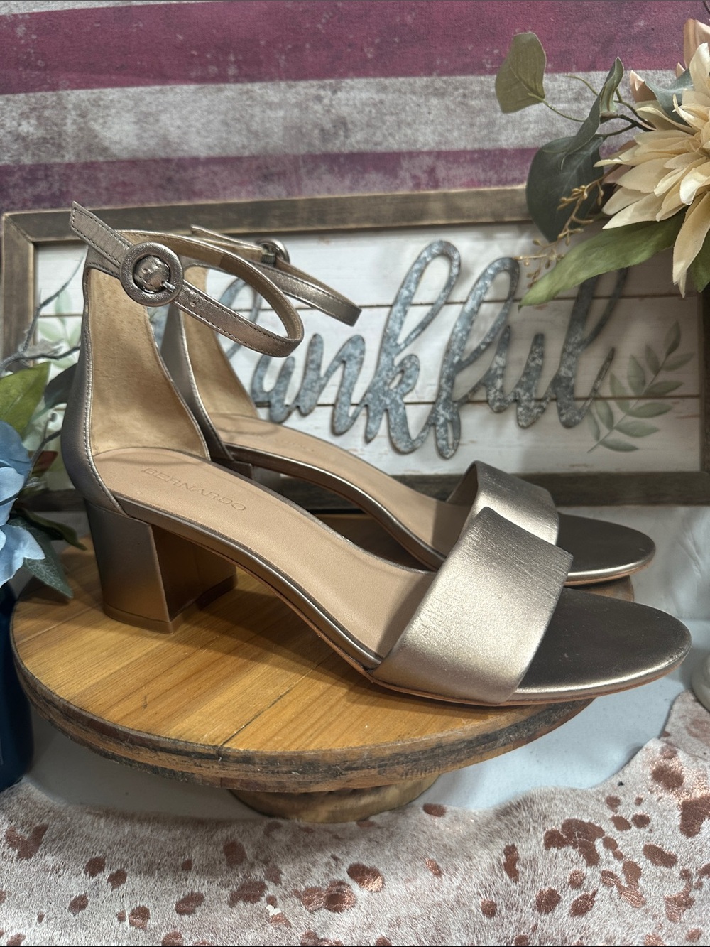 Bernardo Metallic Gold Block Heel Sandal with Ankle Strap
